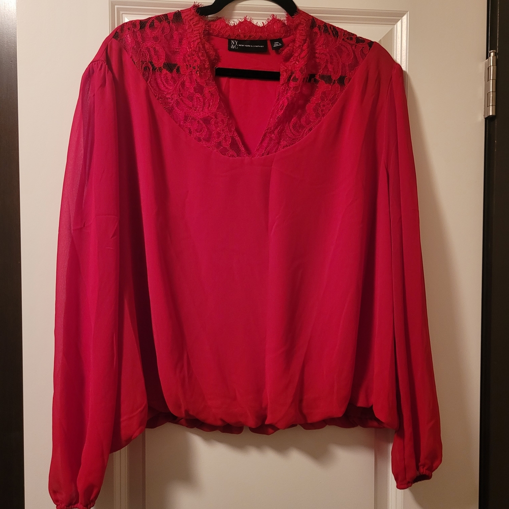 New York & Company Women's Red Lace Detail Blouse Size XXL